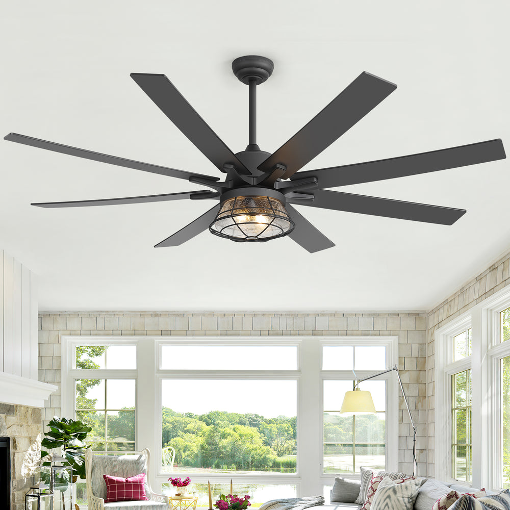 65-inch Industrial Seeded Glass Ceiling Fan with Light Kit & Remote, Includes 6" & 12" Downrods, 8 Reversible Black/Walnut Finish Blades, DC Motor, Compatible with 2*E26 Base Bulbs (Not Included)