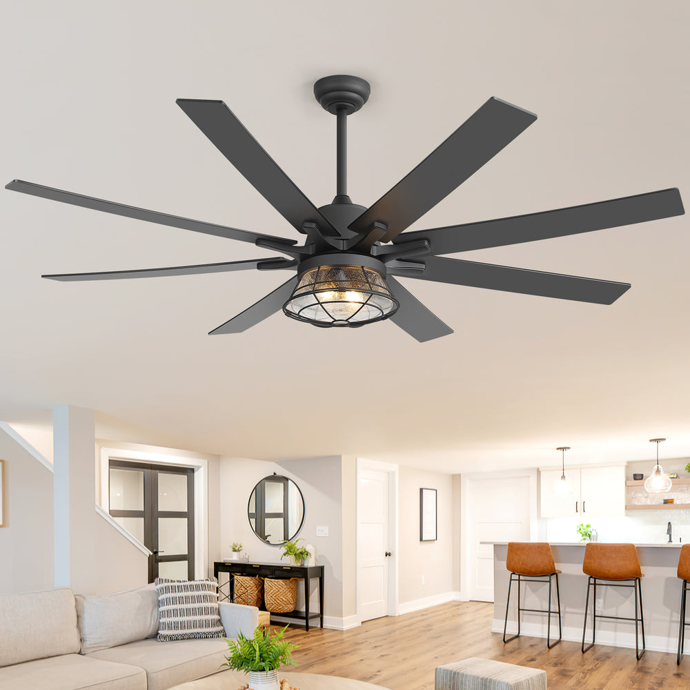 65-inch Industrial Seeded Glass Ceiling Fan with Light Kit & Remote, Includes 6" & 12" Downrods, 8 Reversible Black/Walnut Finish Blades, DC Motor, Compatible with 2*E26 Base Bulbs (Not Included)