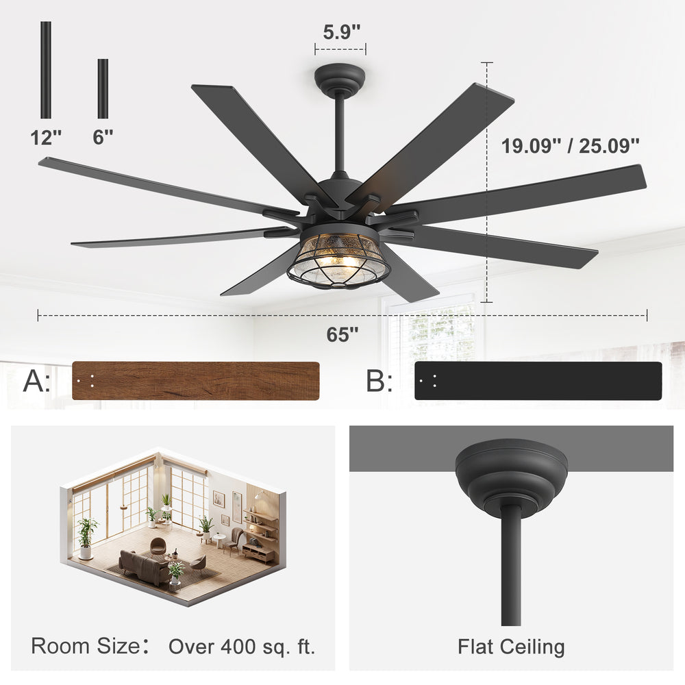65-inch Industrial Seeded Glass Ceiling Fan with Light Kit & Remote, Includes 6" & 12" Downrods, 8 Reversible Black/Walnut Finish Blades, DC Motor, Compatible with 2*E26 Base Bulbs (Not Included)