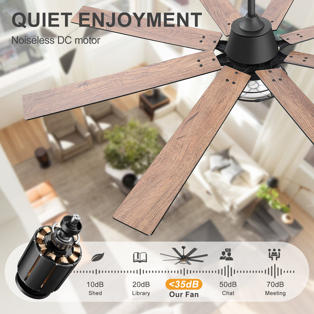 65-inch Industrial Seeded Glass Ceiling Fan with Light Kit & Remote, Includes 6" & 12" Downrods, 8 Reversible Black/Walnut Finish Blades, DC Motor, Compatible with 2*E26 Base Bulbs (Not Included)