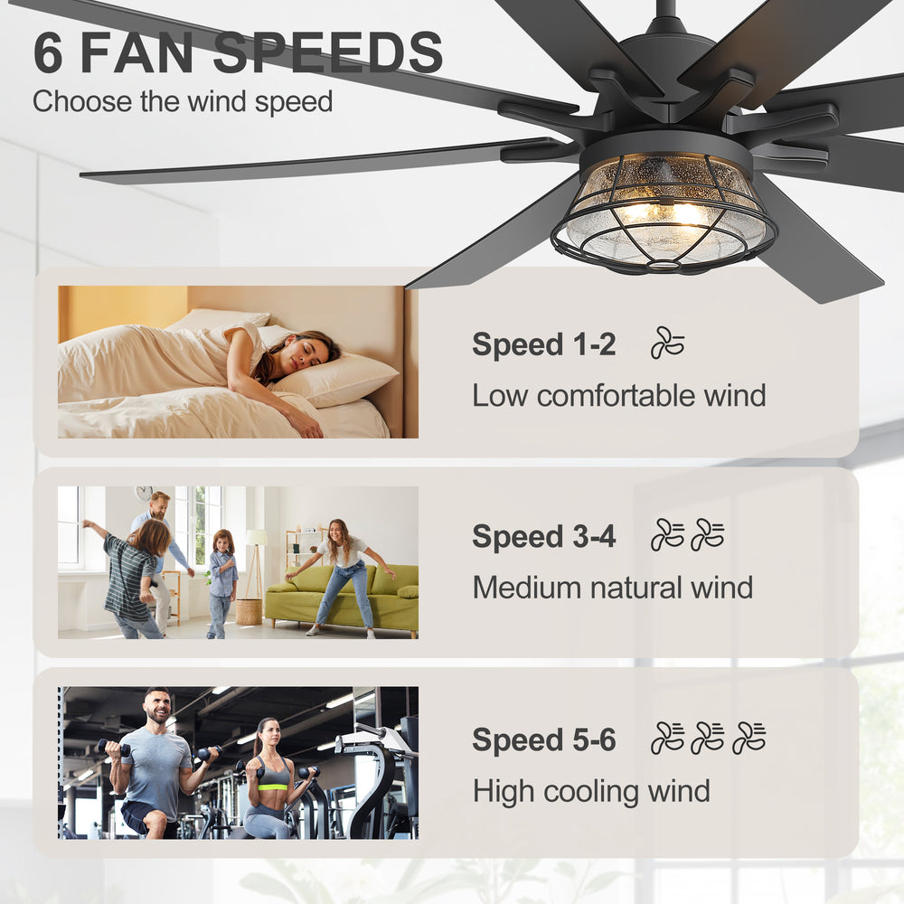 65-inch Industrial Seeded Glass Ceiling Fan with Light Kit & Remote, Includes 6" & 12" Downrods, 8 Reversible Black/Walnut Finish Blades, DC Motor, Compatible with 2*E26 Base Bulbs (Not Included)
