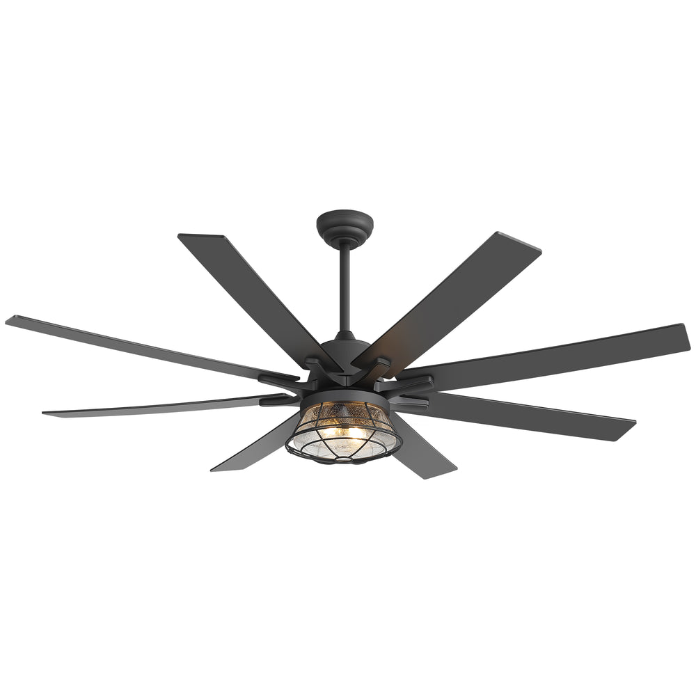 65-inch Industrial Seeded Glass Ceiling Fan with Light Kit & Remote, Includes 6" & 12" Downrods, 8 Reversible Black/Walnut Finish Blades, DC Motor, Compatible with 2*E26 Base Bulbs (Not Included)
