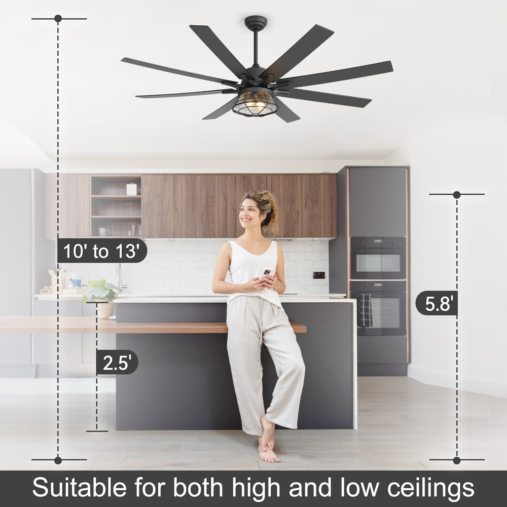 65-inch Industrial Seeded Glass Ceiling Fan with Light Kit & Remote, Includes 6" & 12" Downrods, 8 Reversible Black/Walnut Finish Blades, DC Motor, Compatible with 2*E26 Base Bulbs (Not Included)