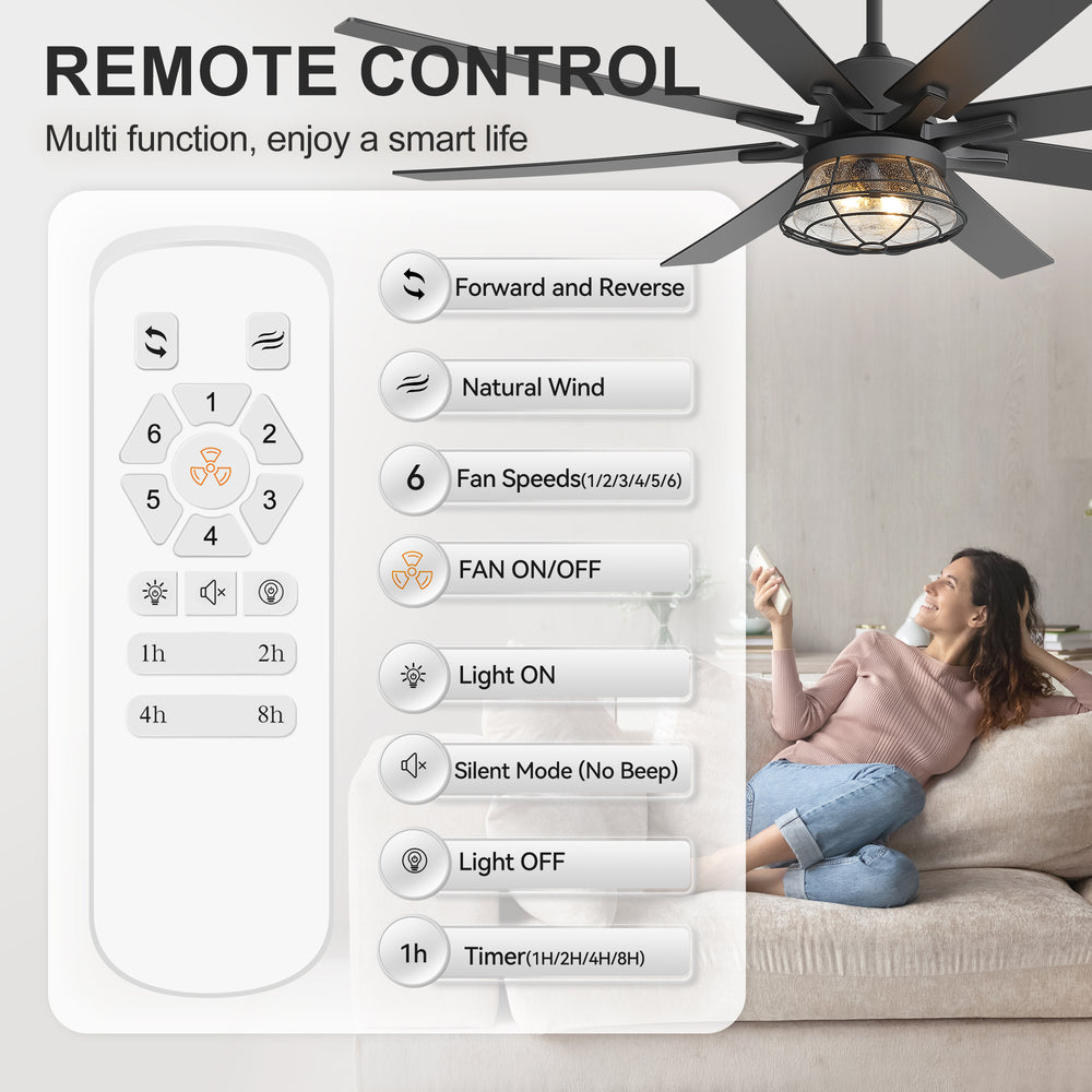 65-inch Industrial Seeded Glass Ceiling Fan with Light Kit & Remote, Includes 6" & 12" Downrods, 8 Reversible Black/Walnut Finish Blades, DC Motor, Compatible with 2*E26 Base Bulbs (Not Included)