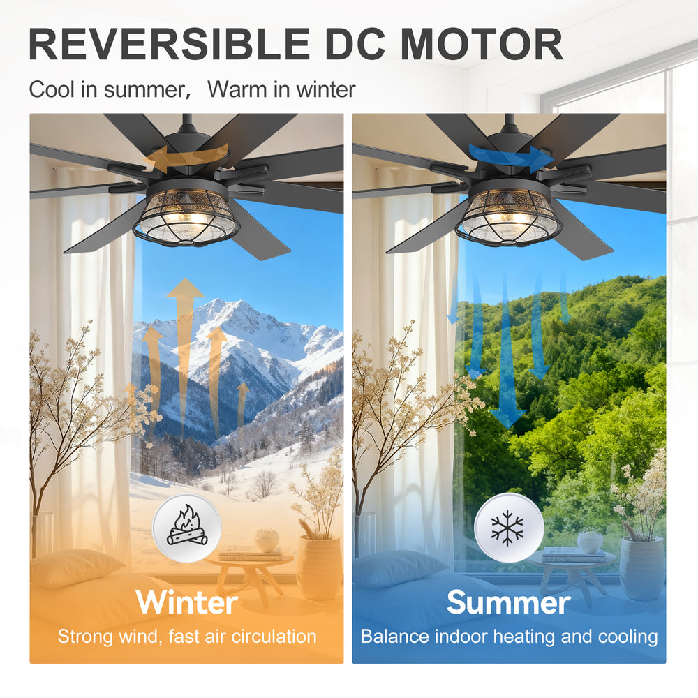 65-inch Industrial Seeded Glass Ceiling Fan with Light Kit & Remote, Includes 6" & 12" Downrods, 8 Reversible Black/Walnut Finish Blades, DC Motor, Compatible with 2*E26 Base Bulbs (Not Included)