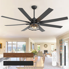 65" Industrial Seeded Glass Ceiling Fan with Light Kit & Remote, Includes 6" & 12" Downrods, 8 Reversible Black/Walnut Finish Blades, DC Motor, Compatible with 2*E26 Base Bulbs (Not Included)
