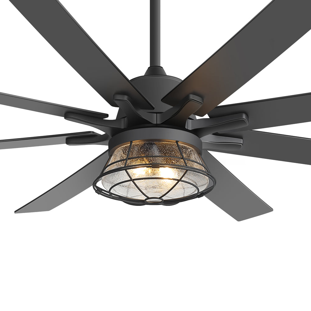 65-inch Industrial Seeded Glass Ceiling Fan with Light Kit & Remote, Includes 6" & 12" Downrods, 8 Reversible Black/Walnut Finish Blades, DC Motor, Compatible with 2*E26 Base Bulbs (Not Included)