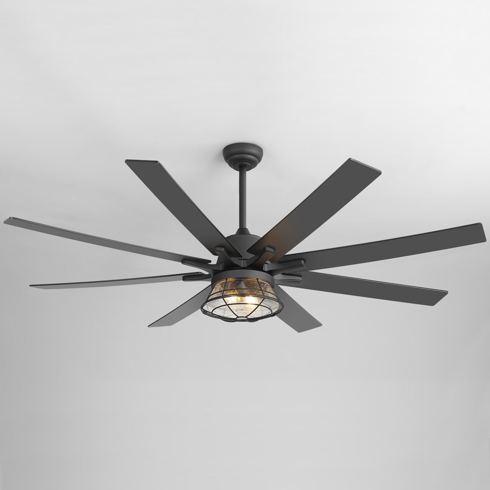 65-inch Industrial Seeded Glass Ceiling Fan with Light Kit & Remote, Includes 6" & 12" Downrods, 8 Reversible Black/Walnut Finish Blades, DC Motor, Compatible with 2*E26 Base Bulbs (Not Included)