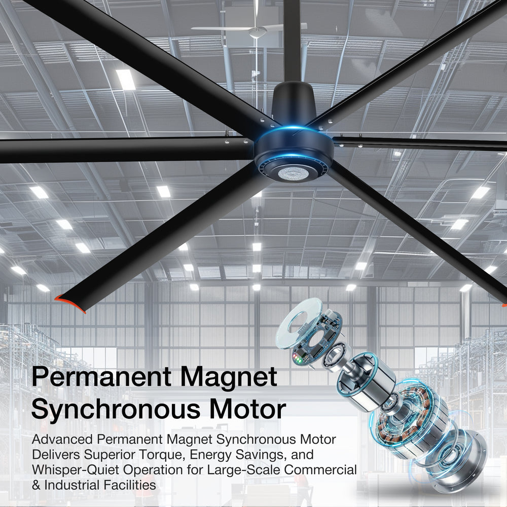 Black AeroSpan 12FT HVLS industrial ceiling fan with an exploded view of its permanent magnet synchronous motor