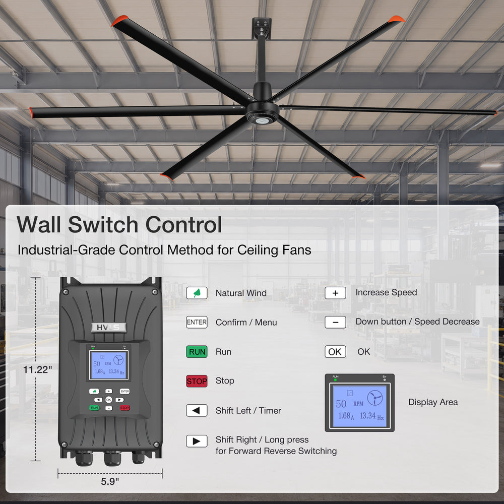 Black AeroSpan 12FT HVLS industrial ceiling fan wired wall controller with speed, timer, run, stop and forward-reverse controls