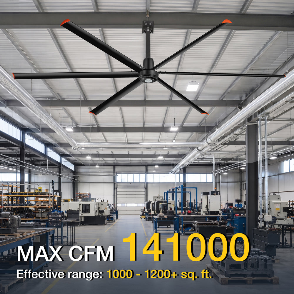 Black AeroSpan 12FT 144-inch HVLS industrial ceiling fan in a factory, with 141,000 maximum CFM and a 1,000–1,200+ sq. ft. effective range
