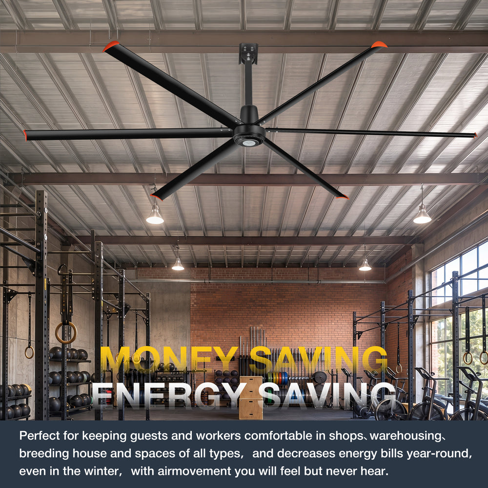 Black AeroSpan 12FT 144-inch HVLS industrial ceiling fan for energy-efficient air circulation in a commercial gym