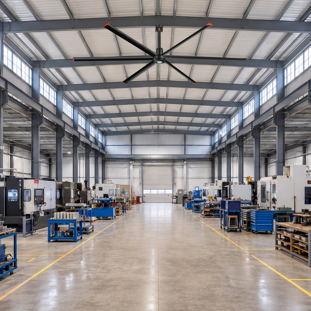 Black AeroSpan 12FT 144-inch HVLS industrial ceiling fan installed in a manufacturing workshop