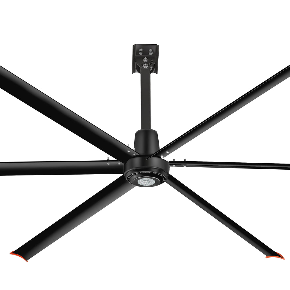 Close-up of the black AeroSpan 12FT HVLS fan showing its PMSM motor housing, aluminum blades and ceiling mount