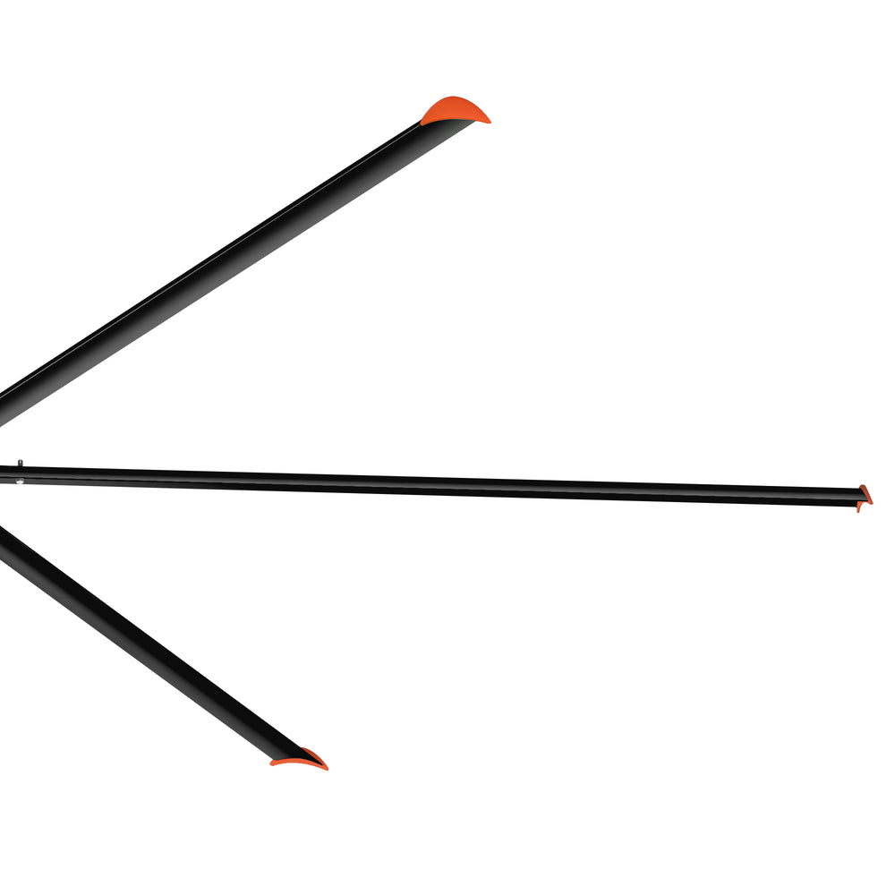 Close-up of the black aluminum blades and orange blade-tip accents on the AeroSpan 12FT HVLS fan