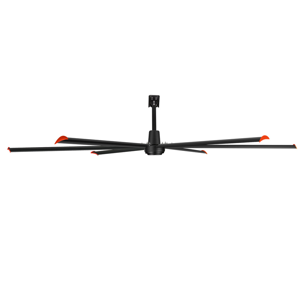 Side view of the black AeroSpan 12FT HVLS fan showing its aluminum blade profile and downrod mount