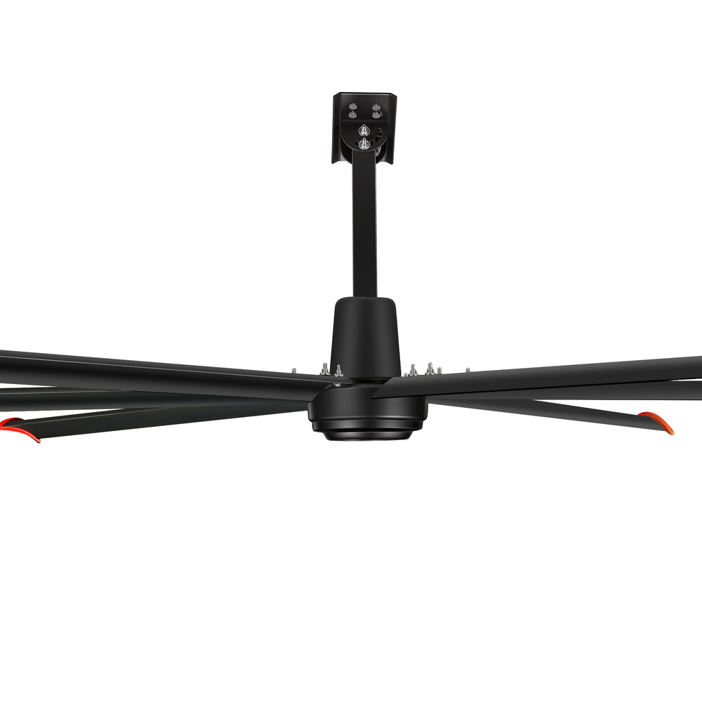 Close side view of the black AeroSpan 12FT HVLS fan showing the PMSM motor housing, downrod and blade pitch