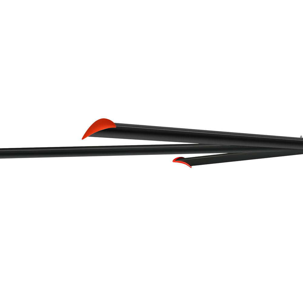 Close-up side view of the black AeroSpan 12FT HVLS fan blades showing their airfoil profile and orange blade-tip winglets