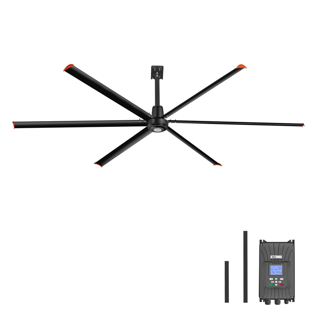 Black AeroSpan 12FT 144-inch six-blade HVLS industrial ceiling fan with wired wall controller and two downrods