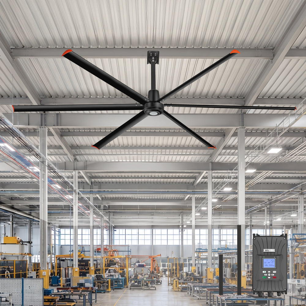 Black AeroSpan 12FT 144-inch HVLS industrial ceiling fan installed in a manufacturing facility with wired wall controller