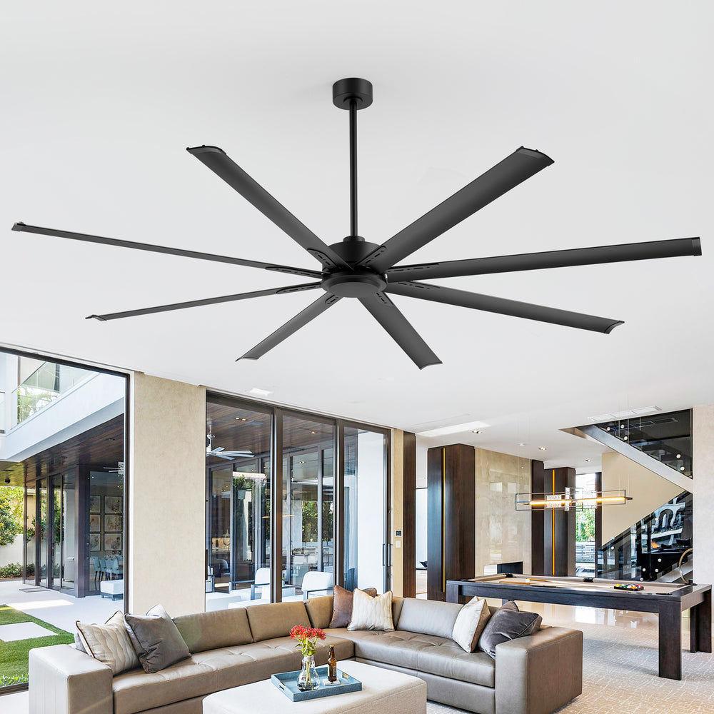 Oversized 84-Inch Ceiling Fan without Light, Matte Black Finish, 7 or 8 Aluminum Blades, Energy-Saving DC Motor, 6-Speed Remote Control with Forward/Reverse, 1/2/4/8H Timer, Includes 6", 12" & 24" Downrods, Quiet Operation for Large Rooms or Patios