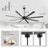 Oversized 84-Inch Ceiling Fan without Light, Matte Black Finish, 7 or 8 Aluminum Blades, Energy-Saving DC Motor, 6-Speed Remote Control with Forward/Reverse, 1/2/4/8H Timer, Includes 6", 12" & 24" Downrods, Quiet Operation for Large Rooms or Patios