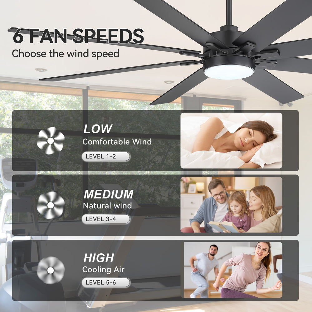 72-Inch Indoor Ceiling Fan with LED Light & Remote, Quiet Energy-Efficient DC Motor, 8 Reversible Black/Walnut Blades, 6-Speed Reversible, 3-CCT LED (3000K/4000K/6000K), Includes 6" & 12" Downrods, for Large Rooms
