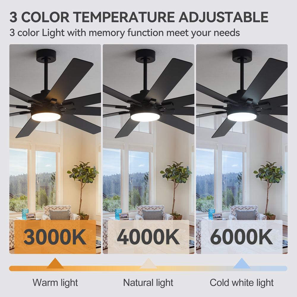 72-Inch Indoor Ceiling Fan with LED Light & Remote, Quiet Energy-Efficient DC Motor, 8 Reversible Black/Walnut Blades, 6-Speed Reversible, 3-CCT LED (3000K/4000K/6000K), Includes 6" & 12" Downrods, for Large Rooms