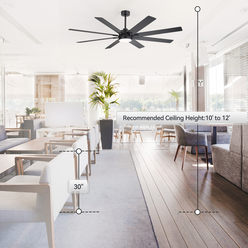 72-Inch Indoor Ceiling Fan with LED Light & Remote, Quiet Energy-Efficient DC Motor, 8 Reversible Black/Walnut Blades, 6-Speed Reversible, 3-CCT LED (3000K/4000K/6000K), Includes 6" & 12" Downrods, for Large Rooms