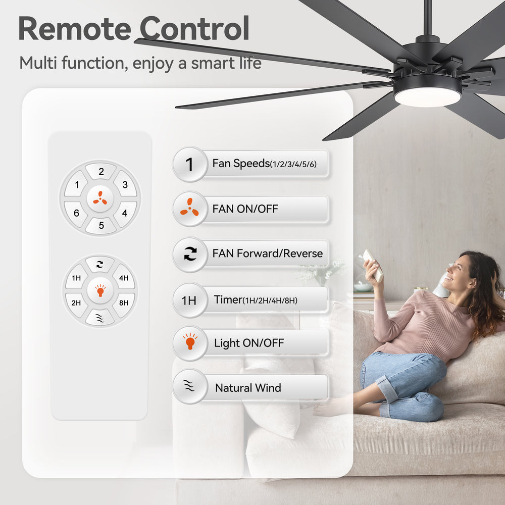 72-Inch Indoor Ceiling Fan with LED Light & Remote, Quiet Energy-Efficient DC Motor, 8 Reversible Black/Walnut Blades, 6-Speed Reversible, 3-CCT LED (3000K/4000K/6000K), Includes 6" & 12" Downrods, for Large Rooms