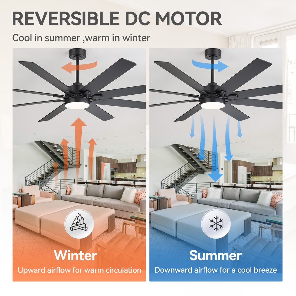 72-Inch Indoor Ceiling Fan with LED Light & Remote, Quiet Energy-Efficient DC Motor, 8 Reversible Black/Walnut Blades, 6-Speed Reversible, 3-CCT LED (3000K/4000K/6000K), Includes 6" & 12" Downrods, for Large Rooms