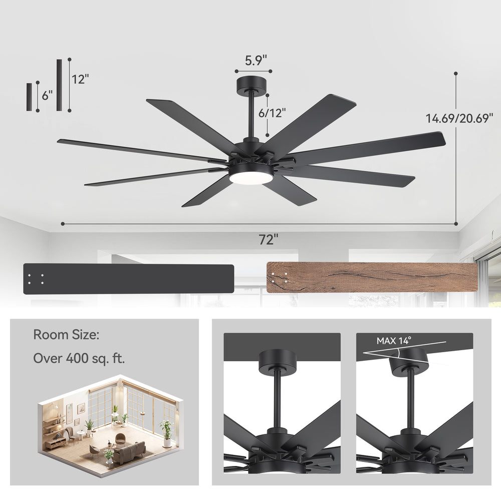 72-Inch Indoor Ceiling Fan with LED Light & Remote, Quiet Energy-Efficient DC Motor, 8 Reversible Black/Walnut Blades, 6-Speed Reversible, 3-CCT LED (3000K/4000K/6000K), Includes 6" & 12" Downrods, for Large Rooms