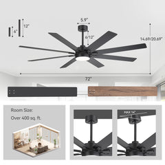 72-Inch Indoor Ceiling Fan with LED Light & Remote, Quiet Energy-Efficient DC Motor, 8 Reversible Black/Walnut Blades, 6-Speed Reversible, 3-CCT LED (3000K/4000K/6000K), Includes 6" & 12" Downrods, for Large Rooms