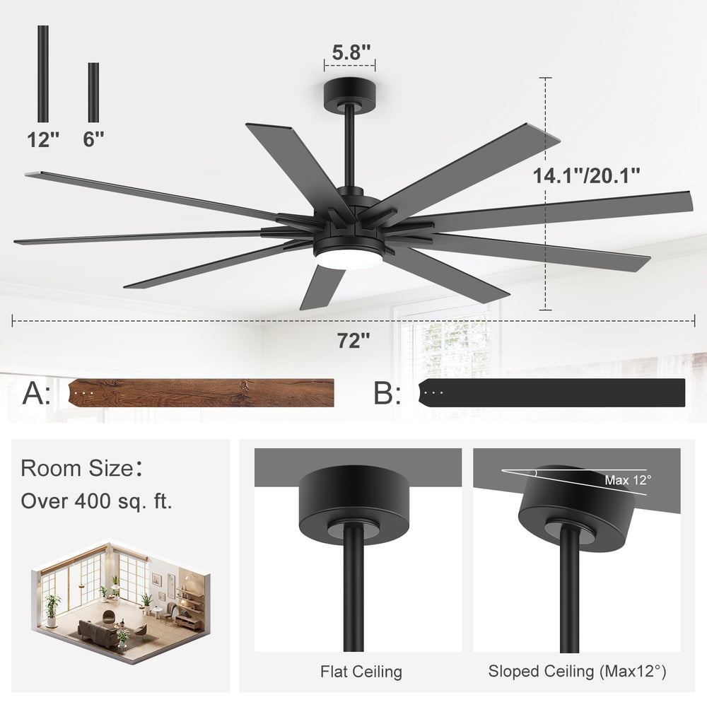 Breezary 72"/84" 9-Blade Silent DC Motor Modern Ceiling Fan with 24W LED Light (Memory Function)