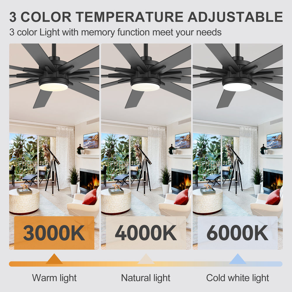 Breezary 72"/84" 9-Blade Silent DC Motor Modern Ceiling Fan with 24W LED Light (Memory Function)