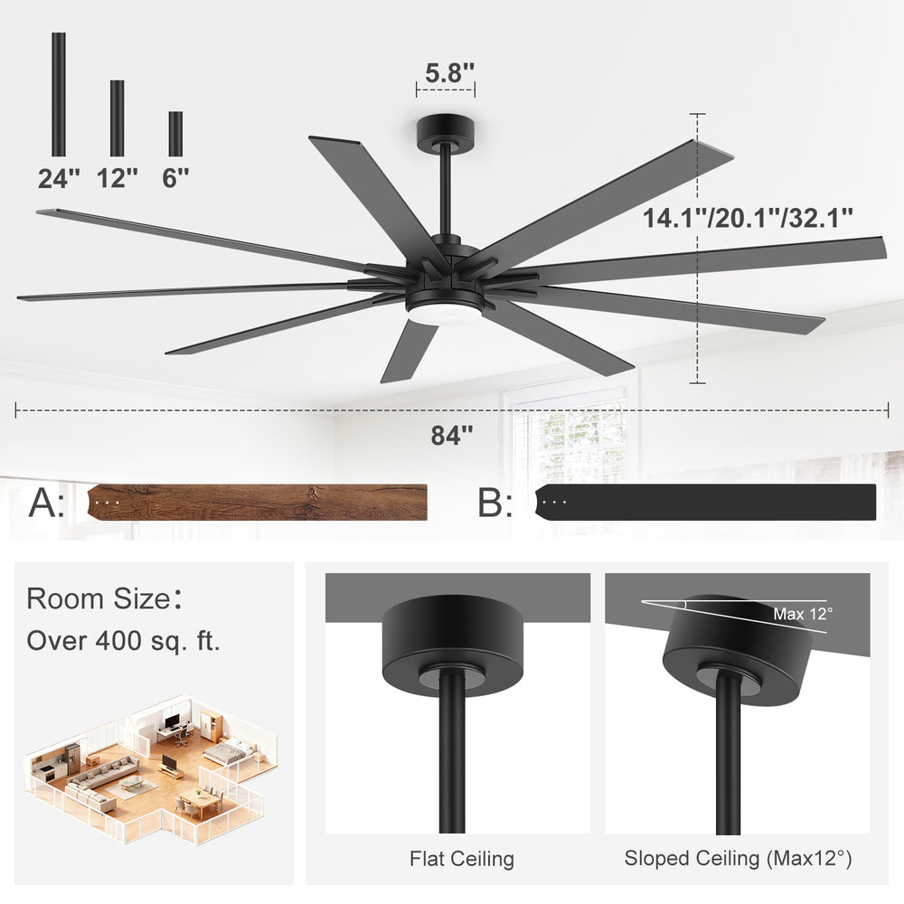 Breezary 72"/84" 9-Blade Silent DC Motor Modern Ceiling Fan with 24W LED Light (Memory Function)