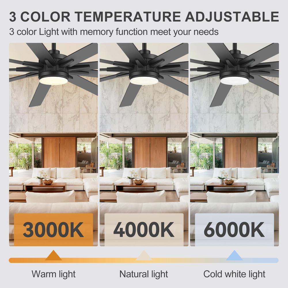 Breezary 72"/84" 9-Blade Silent DC Motor Modern Ceiling Fan with 24W LED Light (Memory Function)