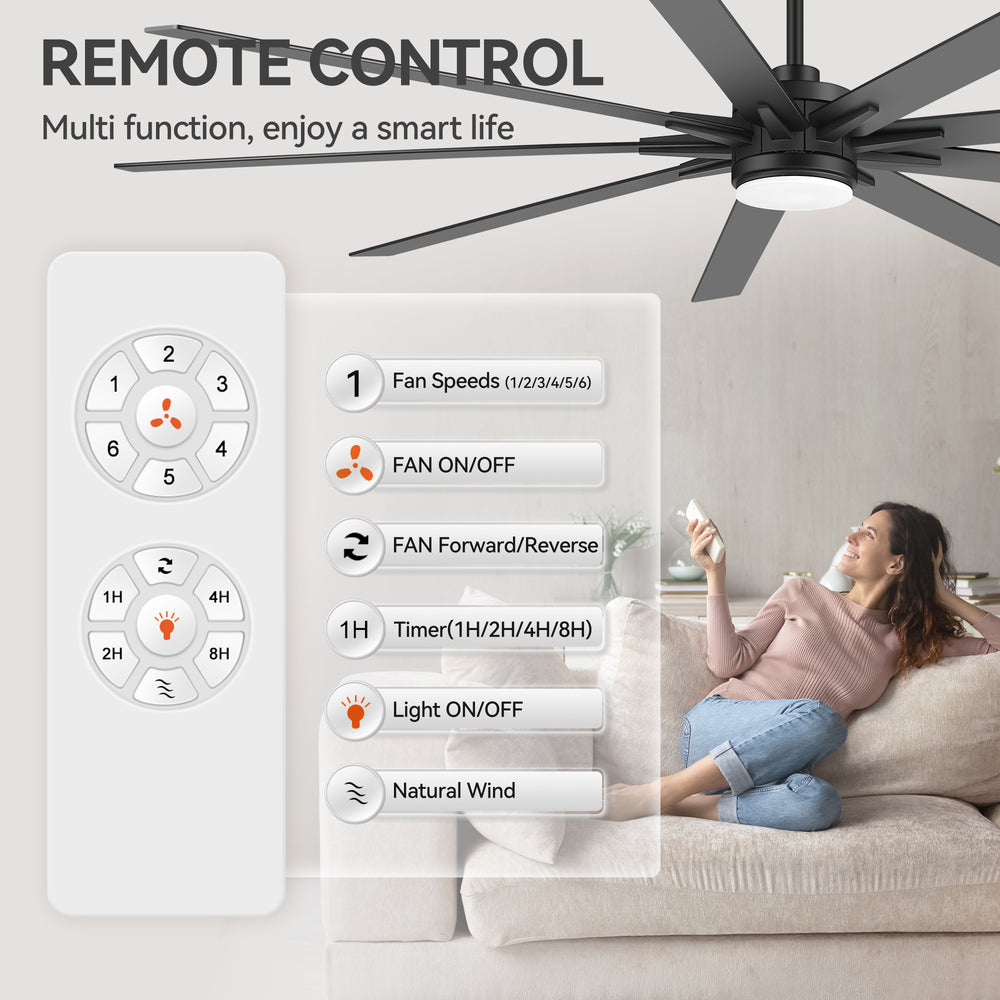 Breezary 72"/84" 9-Blade Silent DC Motor Modern Ceiling Fan with 24W LED Light (Memory Function)
