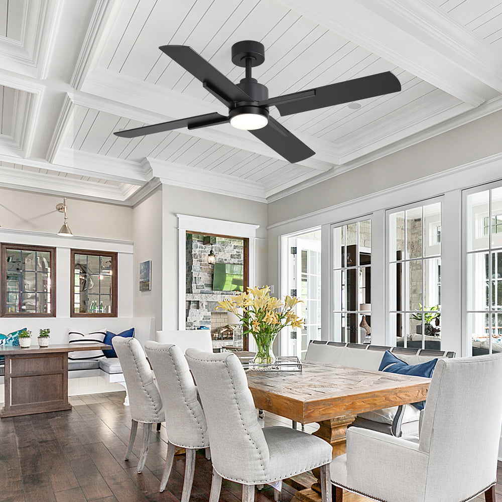 52 Inch Black Modern Ceiling Fan with Light and 4 Blades, Remote Control, 6-Speed Reversible DC Motor, 3CCT LED, Indoor Ceiling Fan for Living Room Bedroom