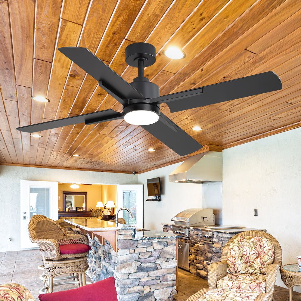 52 Inch Black Modern Ceiling Fan with Light and 4 Blades, Remote Control, 6-Speed Reversible DC Motor, 3CCT LED, Indoor Ceiling Fan for Living Room Bedroom
