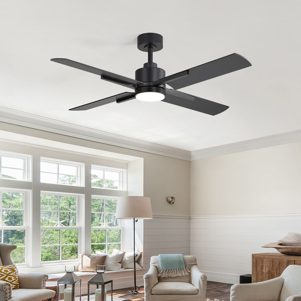 52 Inch Black Modern Ceiling Fan with Light and 4 Blades, Remote Control, 6-Speed Reversible DC Motor, 3CCT LED, Indoor Ceiling Fan for Living Room Bedroom