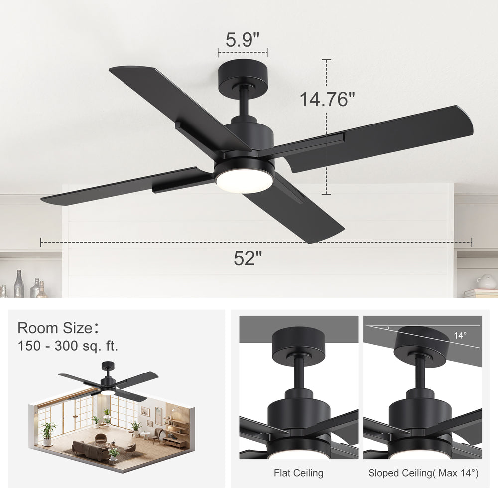 52 Inch Black Modern Ceiling Fan with Light and 4 Blades, Remote Control, 6-Speed Reversible DC Motor, 3CCT LED, Indoor Ceiling Fan for Living Room Bedroom