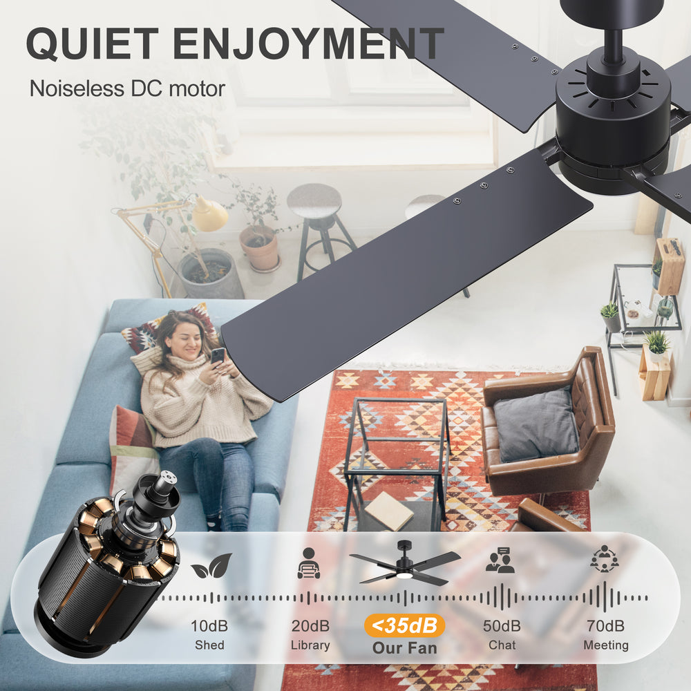 52 Inch Black Modern Ceiling Fan with Light and 4 Blades, Remote Control, 6-Speed Reversible DC Motor, 3CCT LED, Indoor Ceiling Fan for Living Room Bedroom