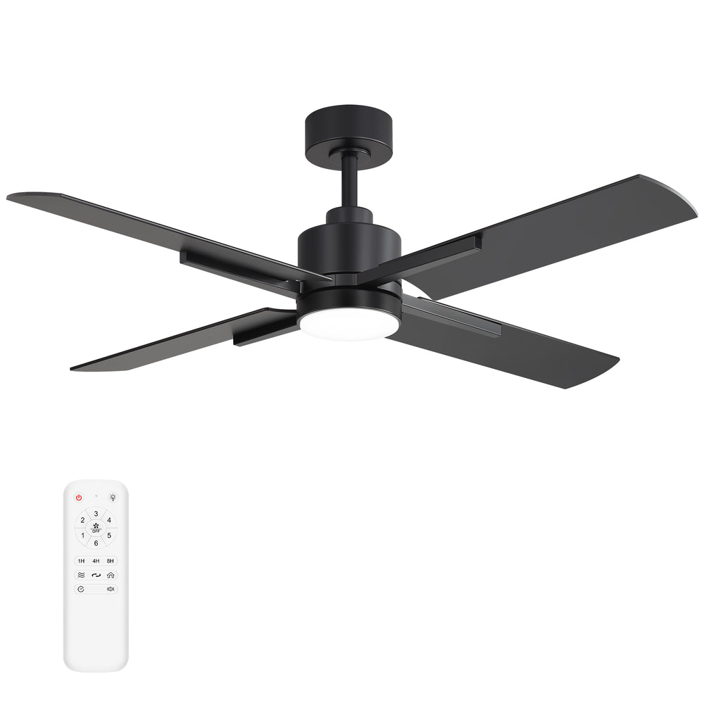52 Inch Black Modern Ceiling Fan with Light and 4 Blades, Remote Control, 6-Speed Reversible DC Motor, 3CCT LED, Indoor Ceiling Fan for Living Room Bedroom