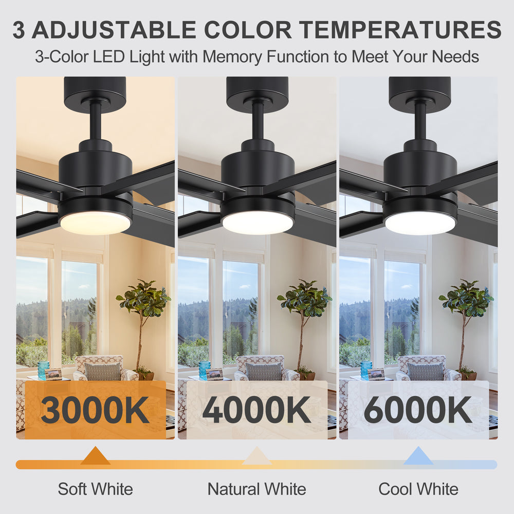 52 Inch Black Modern Ceiling Fan with Light and 4 Blades, Remote Control, 6-Speed Reversible DC Motor, 3CCT LED, Indoor Ceiling Fan for Living Room Bedroom