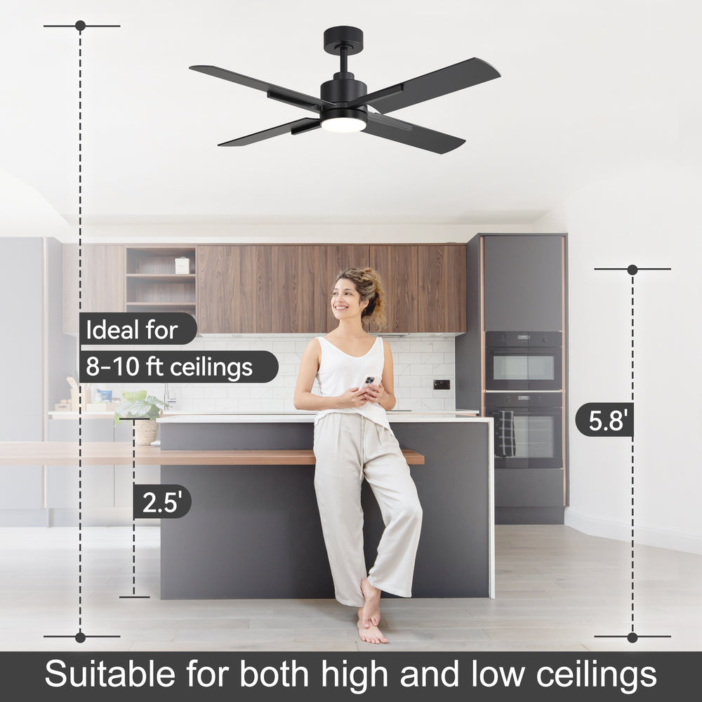 52 Inch Black Modern Ceiling Fan with Light and 4 Blades, Remote Control, 6-Speed Reversible DC Motor, 3CCT LED, Indoor Ceiling Fan for Living Room Bedroom