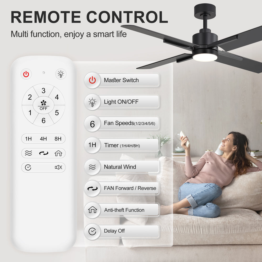52 Inch Black Modern Ceiling Fan with Light and 4 Blades, Remote Control, 6-Speed Reversible DC Motor, 3CCT LED, Indoor Ceiling Fan for Living Room Bedroom