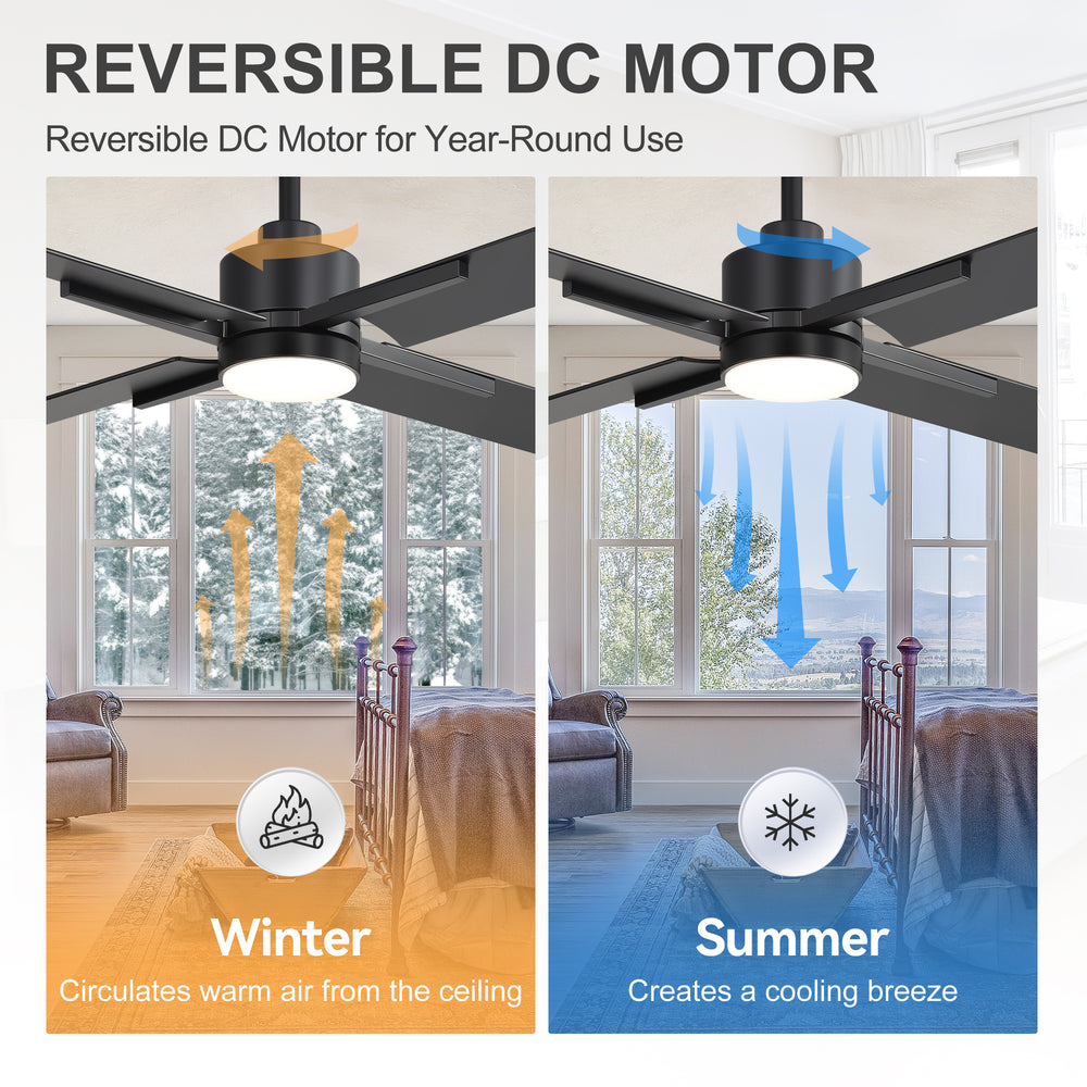 52 Inch Black Modern Ceiling Fan with Light and 4 Blades, Remote Control, 6-Speed Reversible DC Motor, 3CCT LED, Indoor Ceiling Fan for Living Room Bedroom