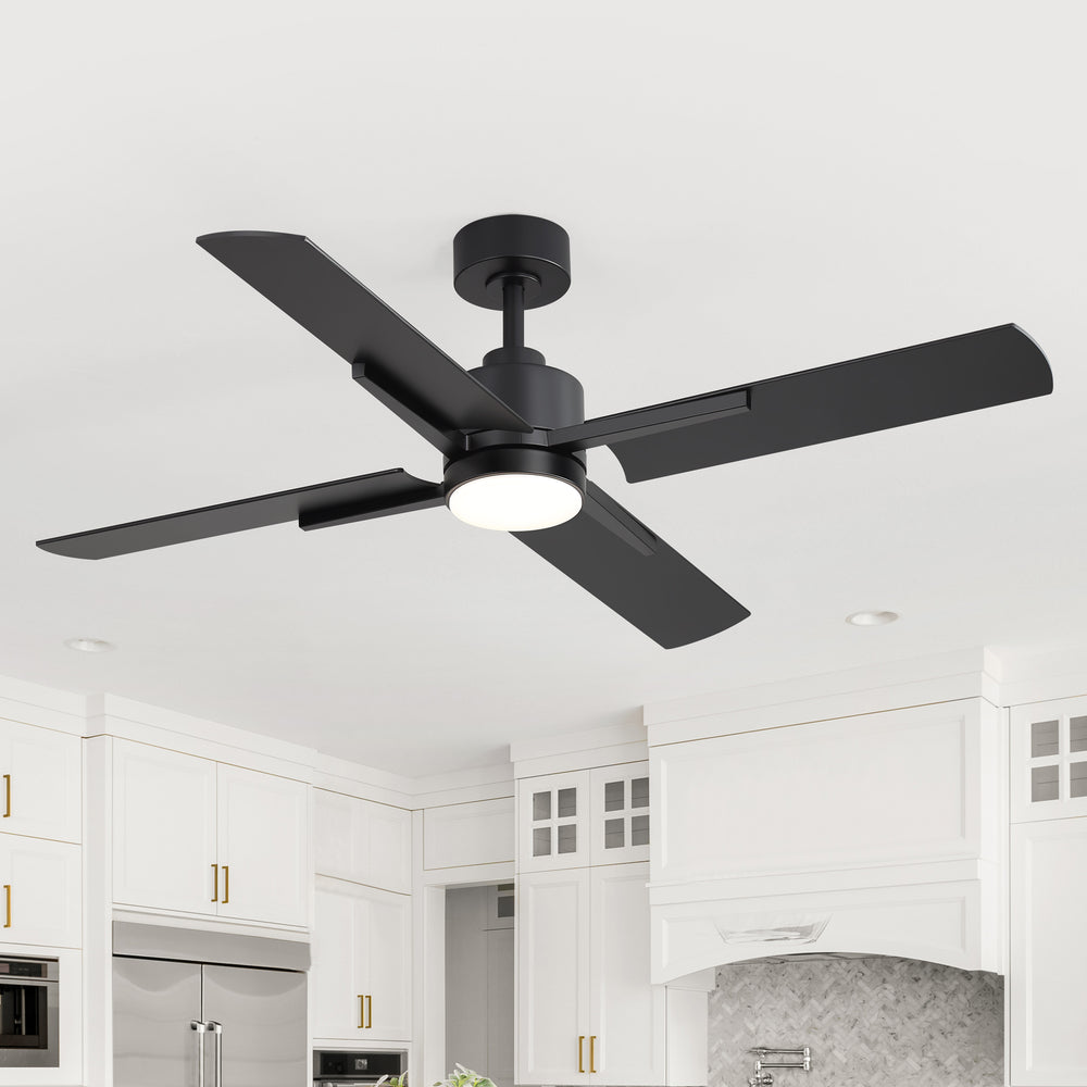 52 Inch Black Modern Ceiling Fan with Light and 4 Blades, Remote Control, 6-Speed Reversible DC Motor, 3CCT LED, Indoor Ceiling Fan for Living Room Bedroom