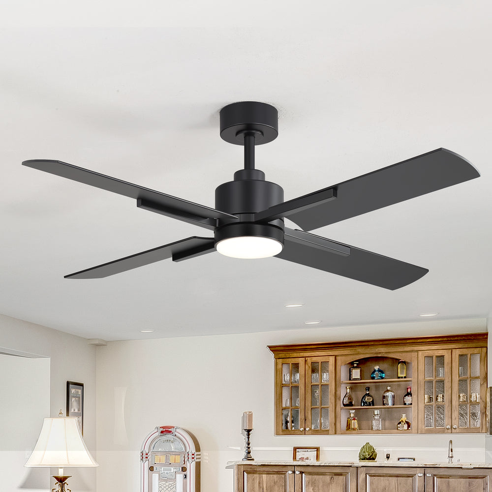 52 Inch Black Modern Ceiling Fan with Light and 4 Blades, Remote Control, 6-Speed Reversible DC Motor, 3CCT LED, Indoor Ceiling Fan for Living Room Bedroom